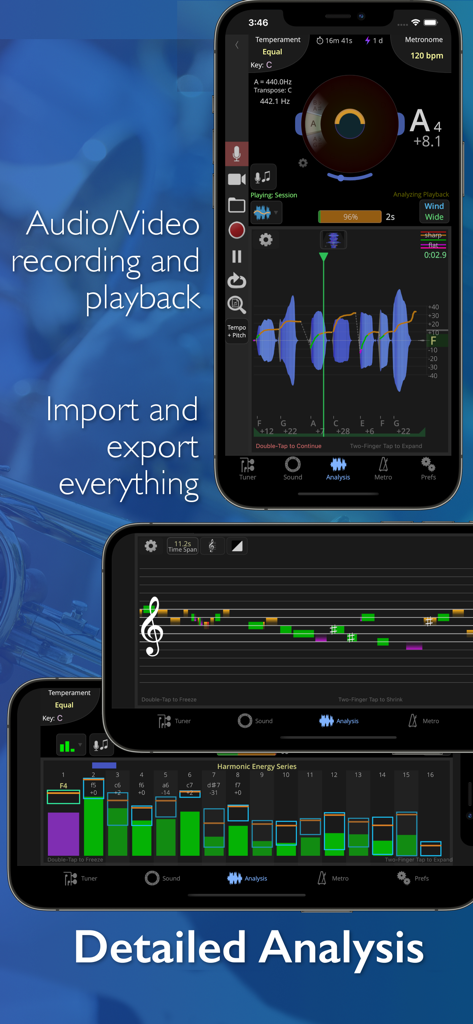 TonalEnergy Tuner & Metronome - Detailed sound analysis and audio recording features of the TonalEnergy music practice app.