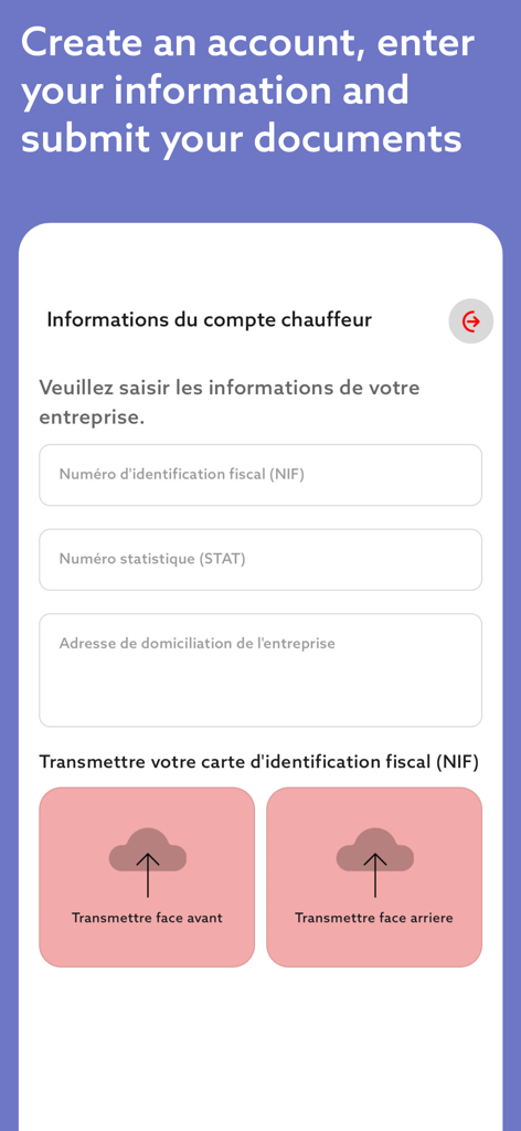 Misy Driver app registration screen showing fields for tax identification and buttons to upload document photos.