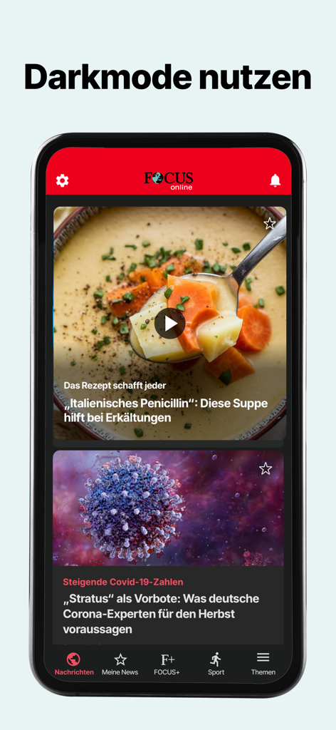 FOCUS online news app interface featuring dark mode with German news articles and video content