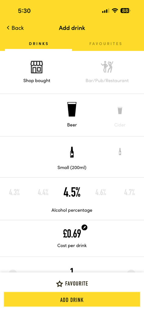 Tela do aplicativo móvel para adicionar uma bebida com opções de porcentagem de álcool e custo