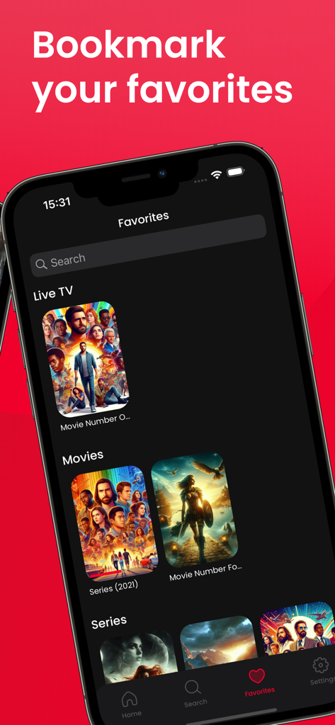 IPTV 4K HD Sports - UPlayer - Interface of the UPlayer app showing bookmarked Live TV, movies, and series in the Favorites section