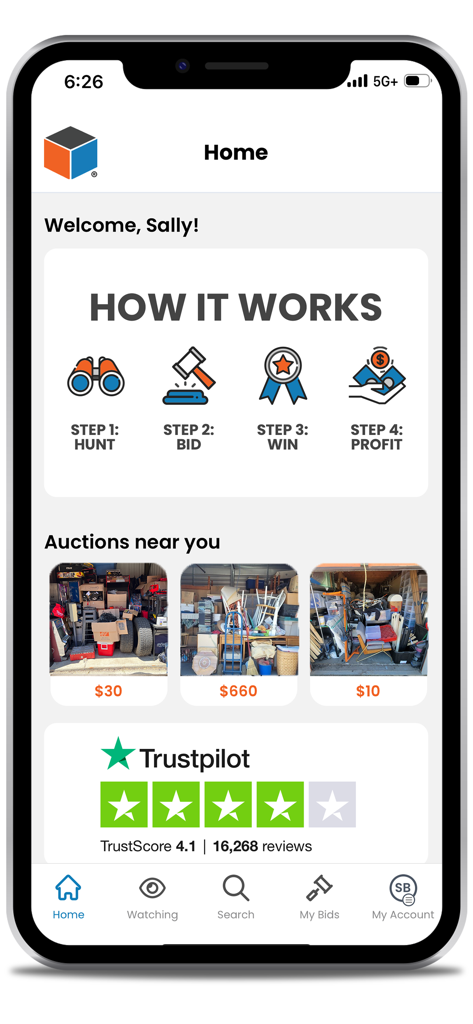 Home screen of the StorageTreasures app displaying local storage auctions and steps to hunt bid win and profit