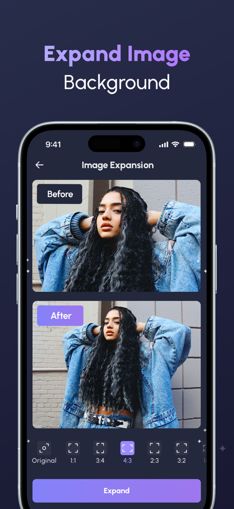 Magic Cleaner-Clean Storage ! - Función de expansión de fondo de imagen con IA que muestra una comparación de antes y después en la aplicación Magic Cleaner.