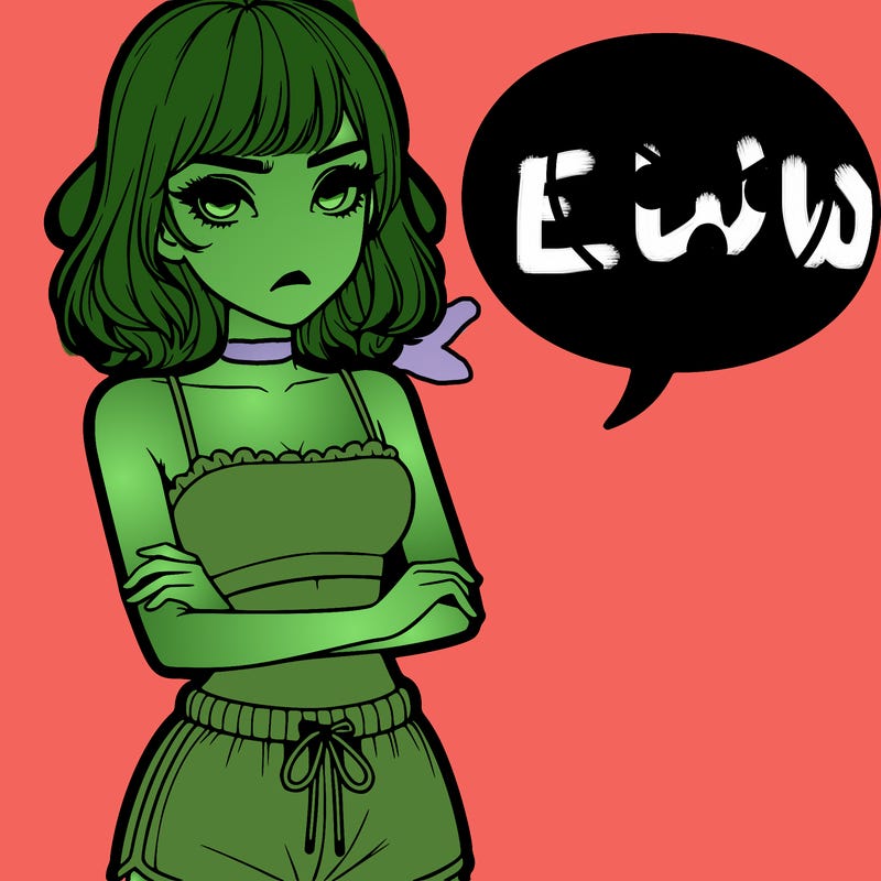 realistic girl looks angry wearing a short cute crop top and shorts with a speech bubble next to her face