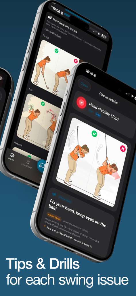 DeepSwing: AI Golf Swing Coach - Écran de l'application DeepSwing montrant des conseils visuels et des exercices pour la correction de la posture.