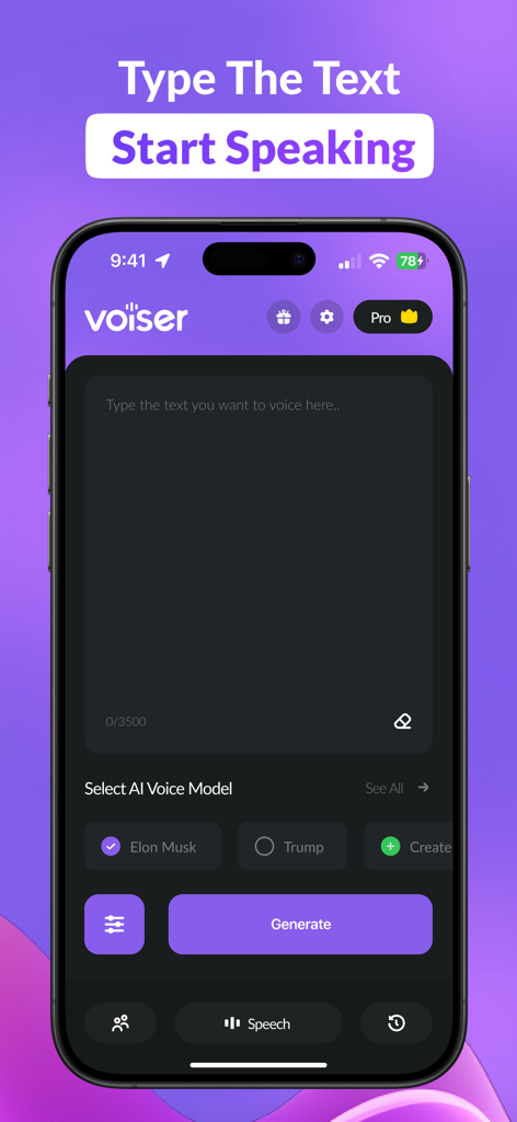 Pantalla de smartphone que muestra la interfaz de texto a voz de la aplicación Voiser con modelos de voz de IA