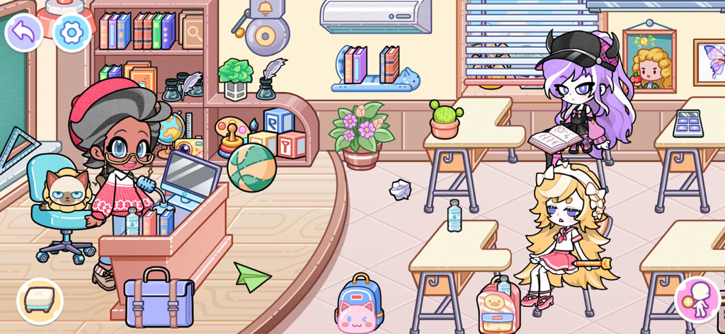 Angela World：Avatar Life - Cartoon characters in a school classroom setting with desks and school supplies in Angela World Avatar Life