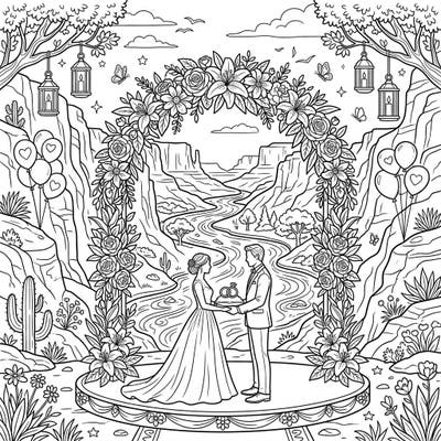 Immerse yourself in a breathtaking scene where natural beauty meets romance with this unique river canyon wedding coloring page. Perfect for capturing the magic of a special day against a dramatic, majestic backdrop.