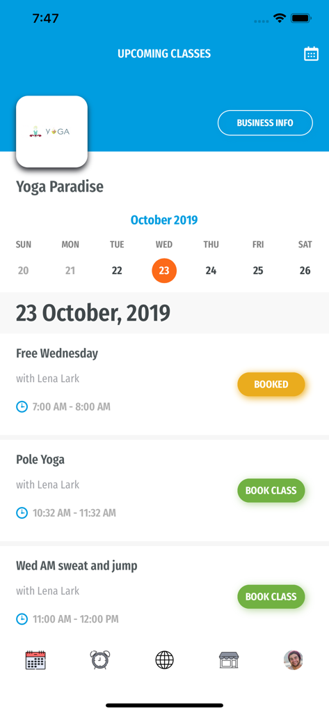 StudioBookings - Upcoming yoga class schedule and booking interface in the StudioBookings app