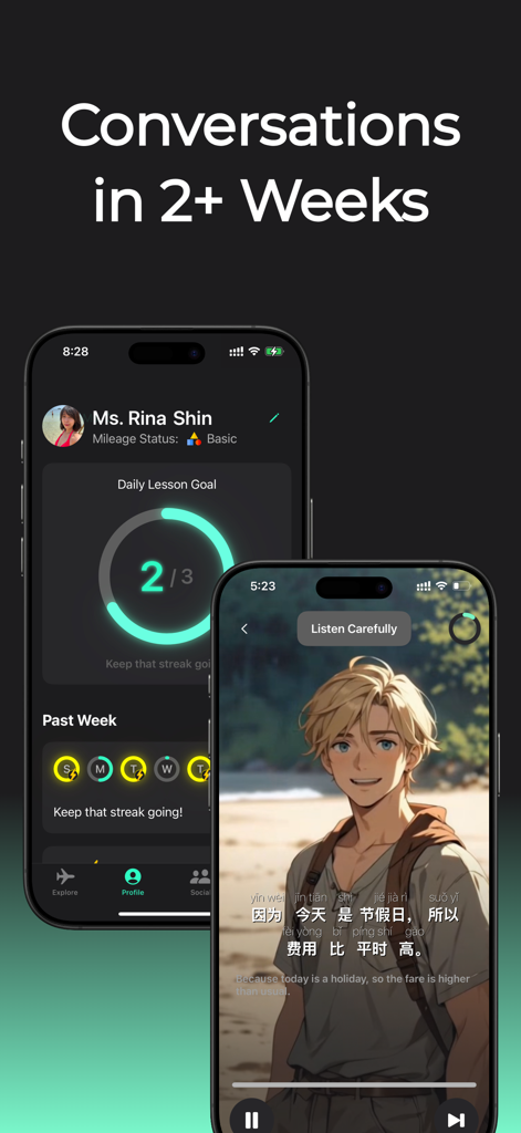 PrettyFluent Language Skills - PrettyFluent app interface showing a user profile with lesson progress and an interactive language lesson featuring an anime character