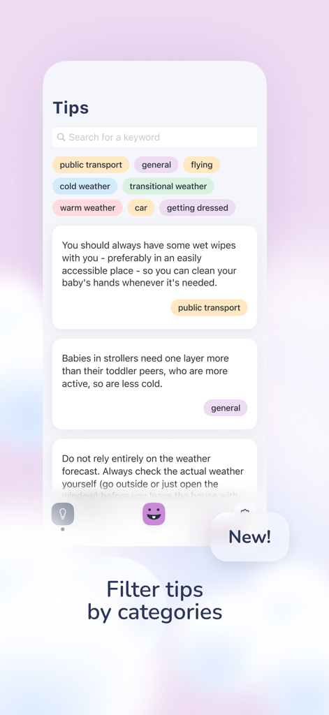 BabyWeather - Ein Bildschirm aus der BabyWeather-App, der Erziehungstipps zeigt, gefiltert nach Kategorien wie öffentliche Verkehrsmittel, Wetterbedingungen und Anziehen.