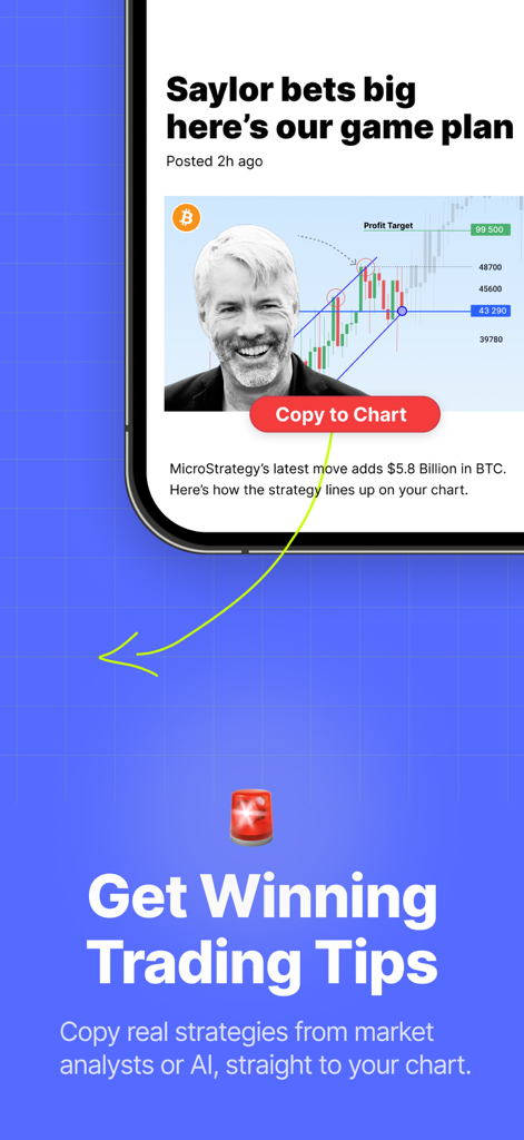 A mobile app screen showing trading tips and a button to copy strategies to a chart