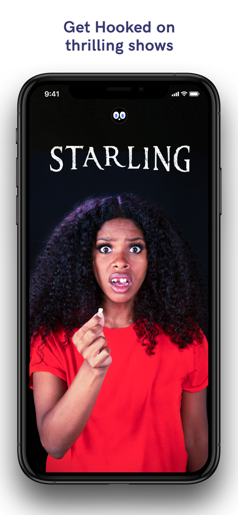 Hooked TVアプリのスクリーンショット。Starlingというスリリングな番組が表示され、ショックを受けた若い女性が映っている