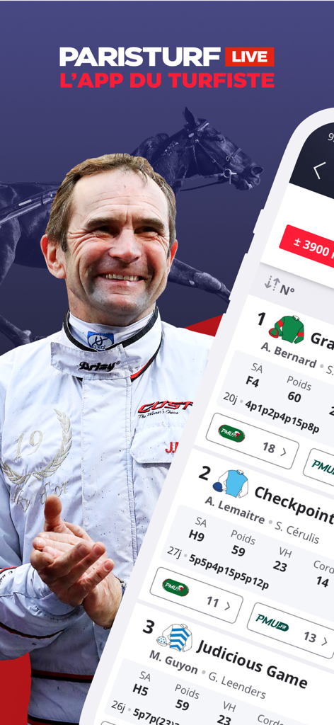 Interface de l'application mobile Paris Turf montrant des statistiques de courses hippiques et un jockey professionnel