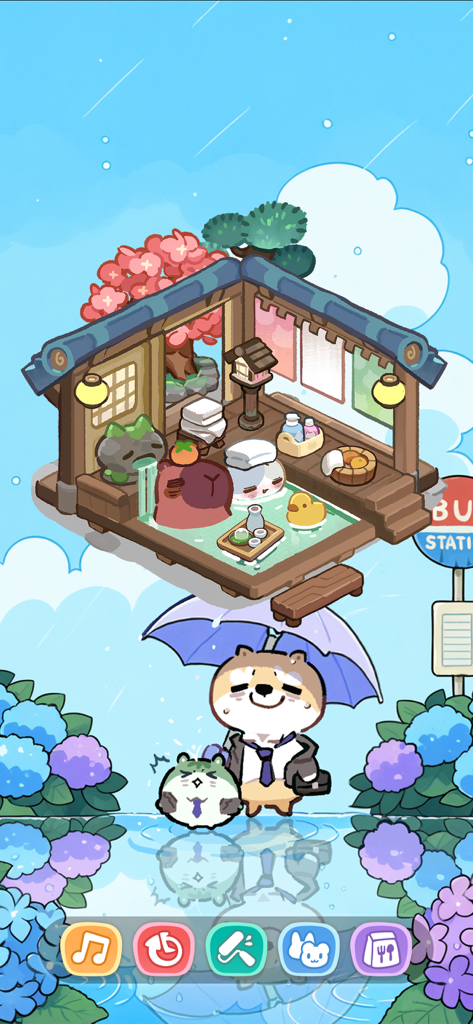 崩溃社畜：放置养宠物语 - A Shiba Inu in a suit holding an umbrella next to a floating Japanese bathhouse with relaxing animals
