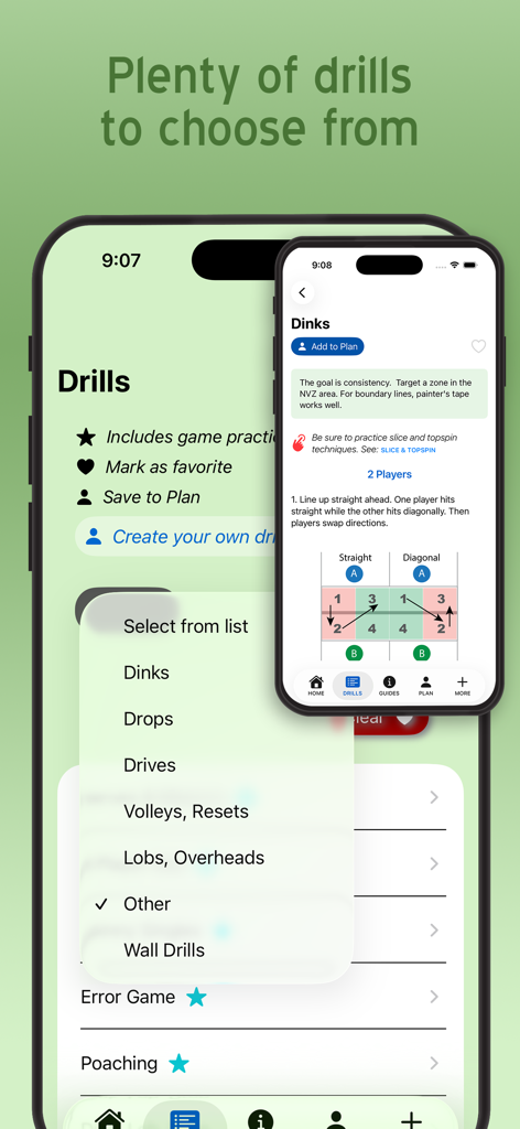 Pickleball Drills app showing drill categories and an illustrated court diagram for practice
