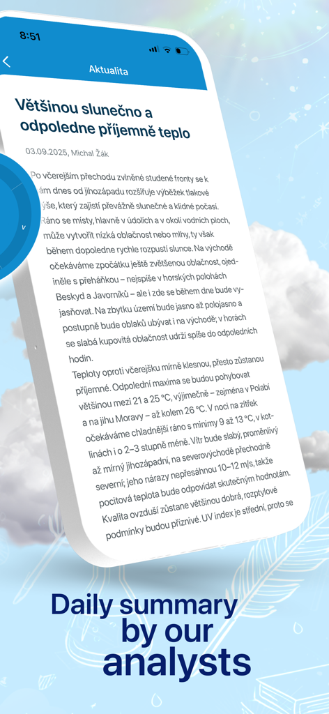 In-počasí - Ein Screenshot der In-pocasi App, der eine detaillierte tägliche Wettervorhersage-Zusammenfassung von Analysten zeigt