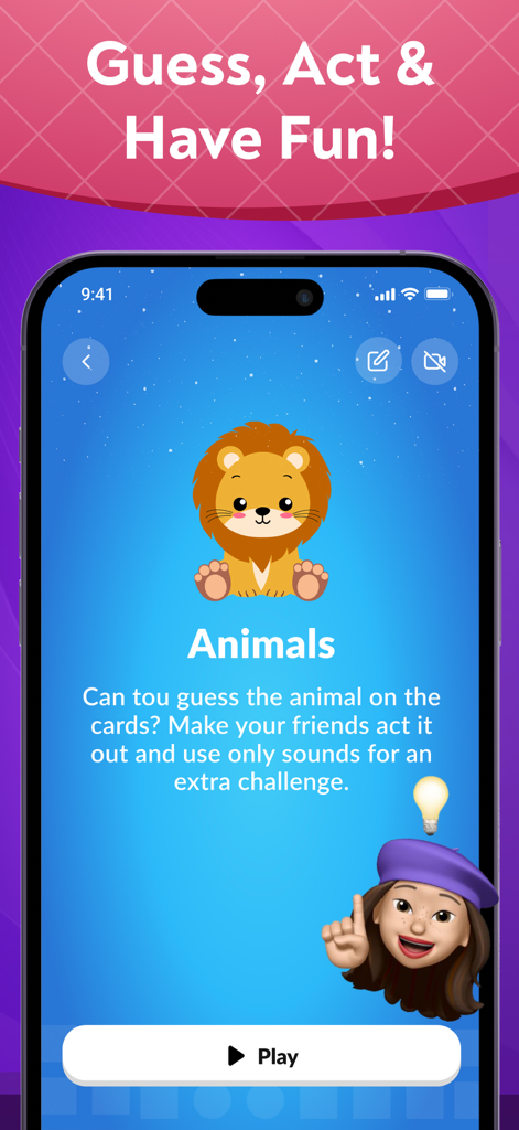 Charades & Headbands - GuessUp - Screenshot of the Animals category in the Charades and Headbands GuessUp app featuring a cute cartoon lion and a play button.