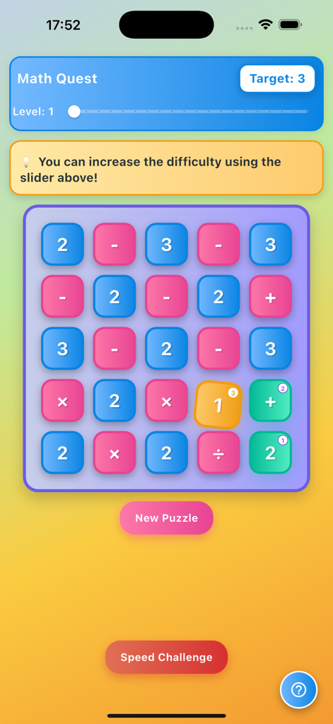 Math Quest: Brain Training - Pantalla de la aplicación Math Quest mostrando una cuadrícula colorida de 5x5 de fichas de números y operadores para entrenamiento de cálculo mental.