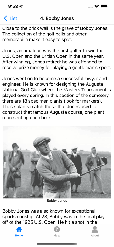 Atlanta's Oakland Cemetery - A mobile app screen featuring historical facts and a vintage photo of golfer Bobby Jones in Oakland Cemetery.