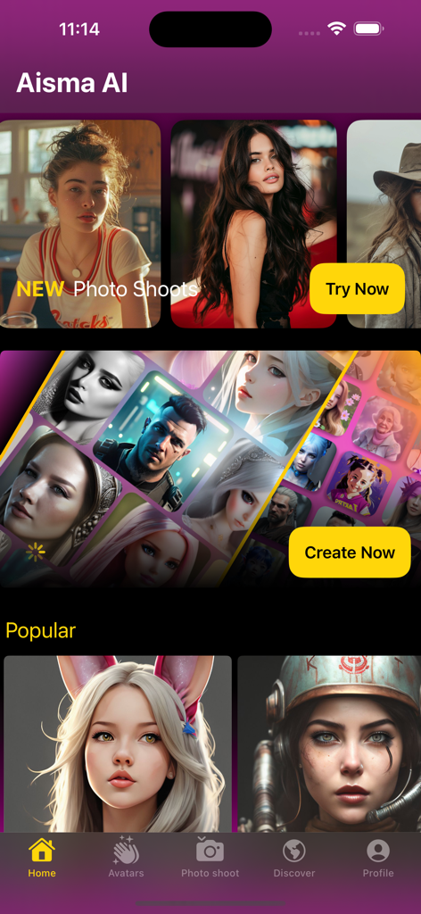 Écran d'accueil de l'application Aisma affichant des avatars générés et des styles de séance photo.