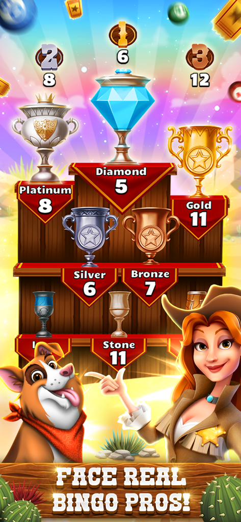 Tabla de clasificación de trofeos de bingo que muestra niveles de Diamante a Piedra con personajes de vaquera y perro