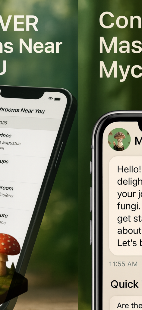 Interface de l'application FungiSnap montrant les emplacements de champignons locaux et un chat de mycologue IA.