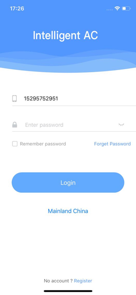 Intelligent AC - Login page for the Intelligent AC smart home app showing phone number and password entry fields