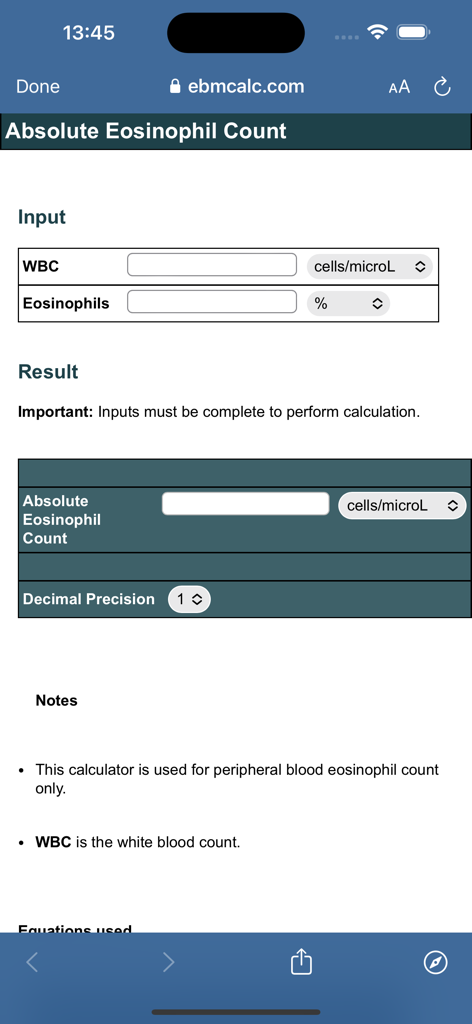 BMJ Best Practice - Interface of the Absolute Eosinophil Count medical calculator within the BMJ Best Practice application