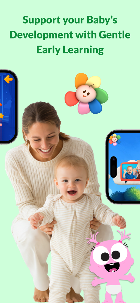 First | Fun Learning for Kids - Una madre y un bebé sonriendo con personajes de dibujos animados coloridos de la aplicación de aprendizaje First.