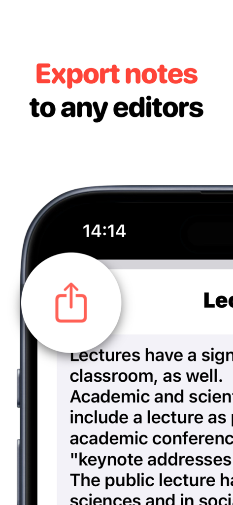 Speech To Text: AI Note Taker - Uma tela móvel mostrando o recurso de exportar anotações para quaisquer editores para o aplicativo AI Note Taker