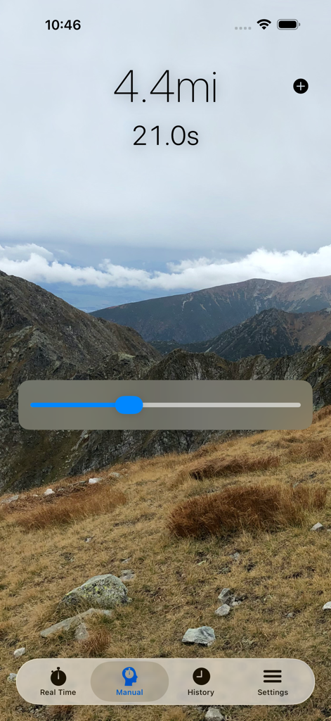 Storm Distance Tracker - Storm Distance Tracker app manual interface showing a distance of 4.4 miles over a mountain landscape