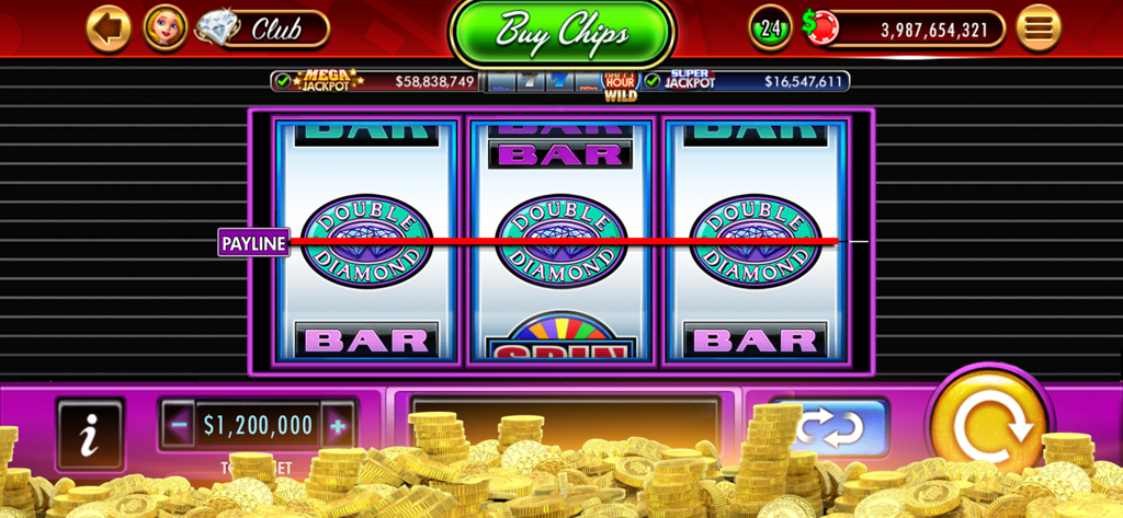 DoubleDown™ Casino Vegas Slots - DoubleDown CasinoのクラシックなDouble Diamondスロットマシンのインターフェース。ペイラインに勝利シンボルと金貨の山が表示されています。