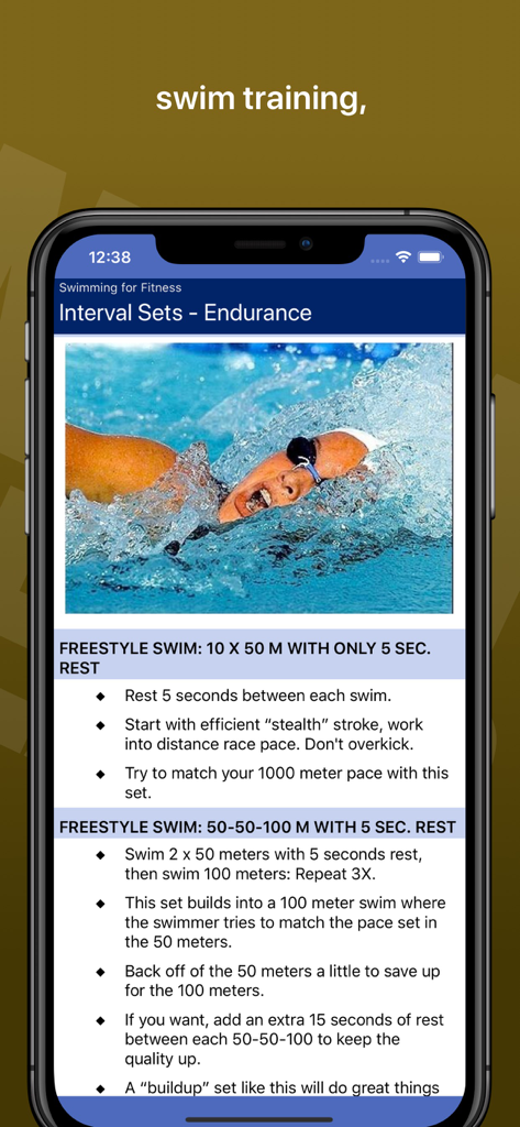 Navy SEAL Fitness app screen displaying swimming endurance interval sets and freestyle training instructions