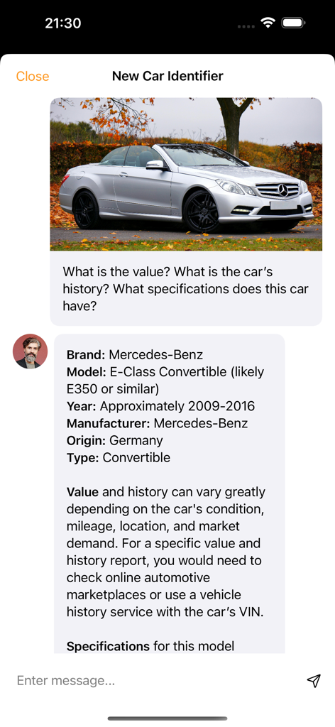 Car Identifier - Chat interface of the Car Identifier app identifying a silver Mercedes-Benz E-Class Convertible with detailed specifications.