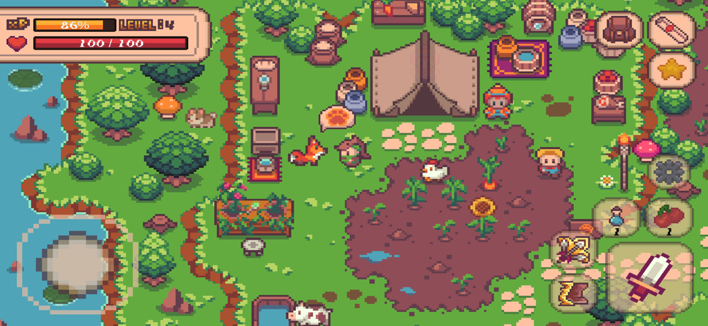 Megis Adventure - Pixel-Art-Gameplay von Megis Adventure, das einen Charakter mit einem Fuchs in der Nähe eines Bauernhofs und eines Campingplatzes zeigt.