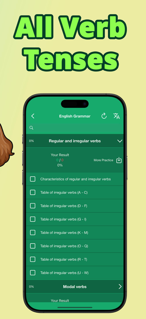 English verbs in sentences - Interfaz de una aplicación móvil que muestra una lista de lecciones de gramática para verbos regulares e irregulares en inglés.
