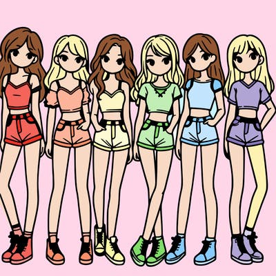 a group of girls wearing crop tops and shorts