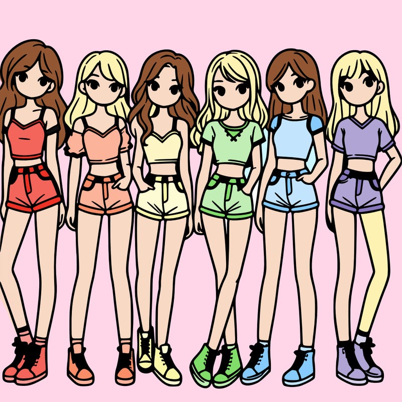 a group of girls wearing crop tops and shorts