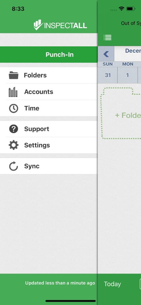 InspectAll - Main navigation menu of the InspectAll mobile app showing punch-in and account folders