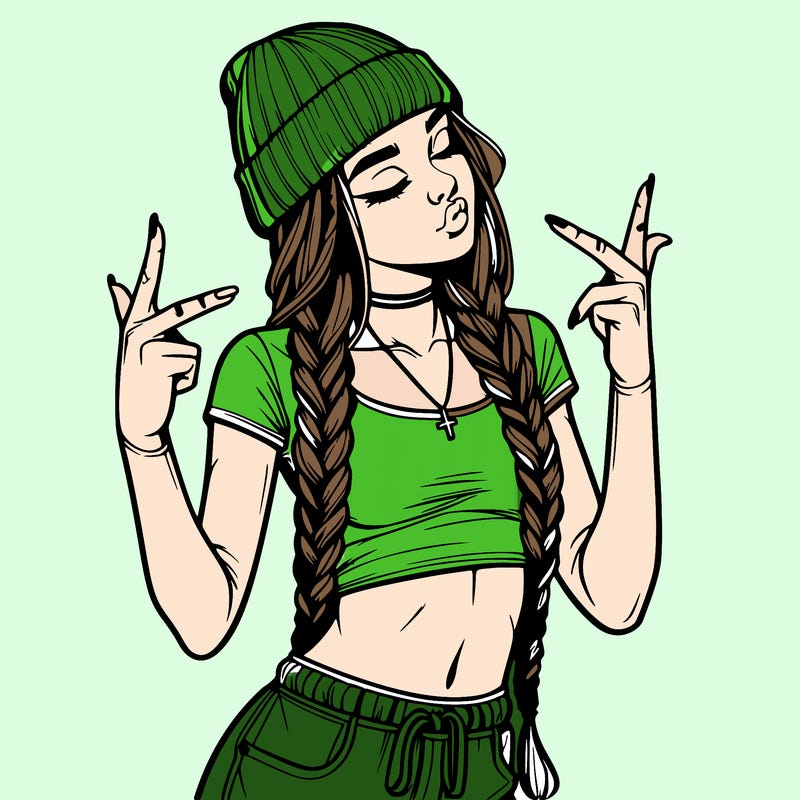 realistic teenage girl with braids and a beanie and crop top doing 🫶🏼