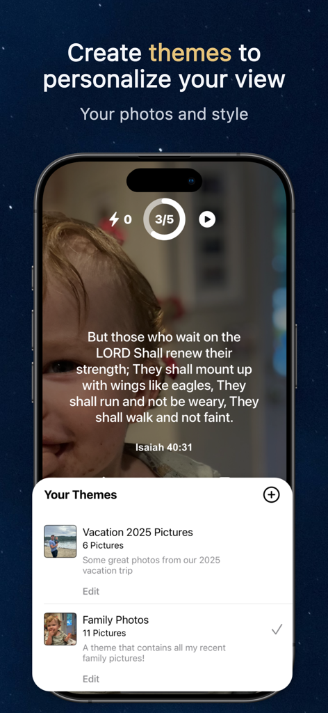 Bible Hour: Daily Verse Alerts - iPhone screen showing a Bible verse over a personal family photo with theme customization options