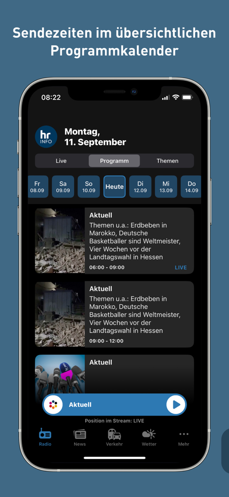 hr-iNFO App - A screenshot showing the program calendar of the hr-iNFO app in dark mode