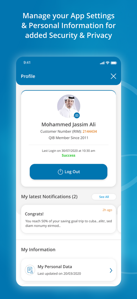 QIB MOBILE - User profile and security settings interface in the QIB Mobile banking app.