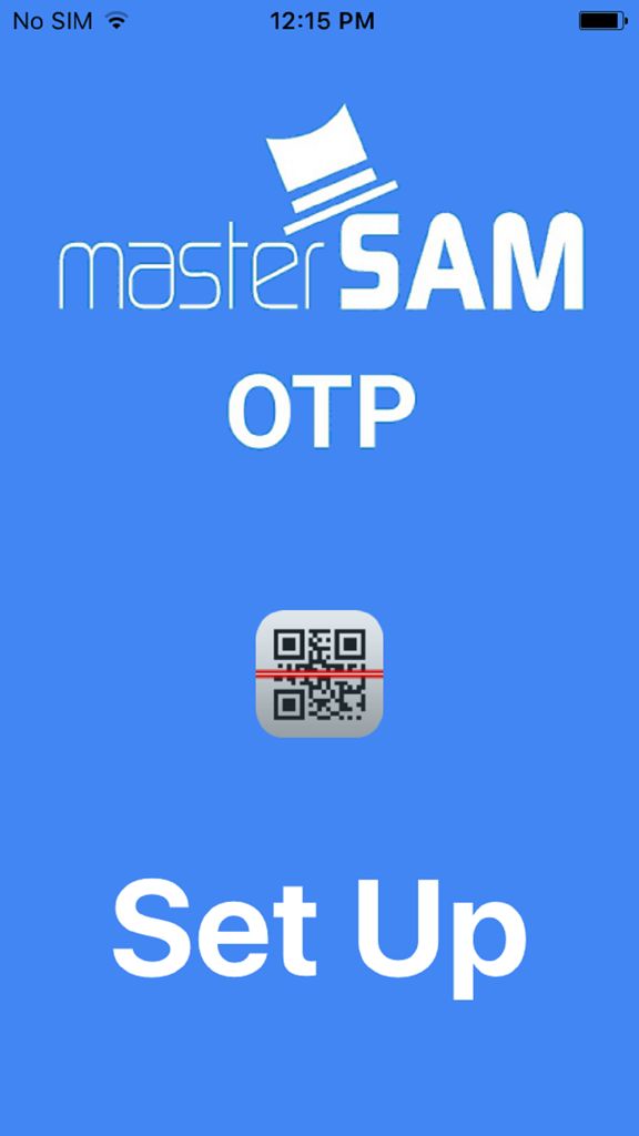 MasterSAM OTP - MasterSAM OTP app setup interface showing the company logo and a QR code scanner icon.