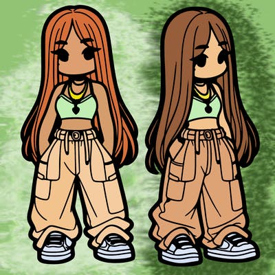 girl in baggy pants crop top and long hair