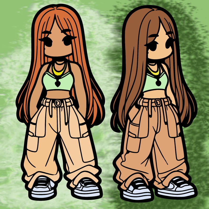 girl in baggy pants crop top and long hair