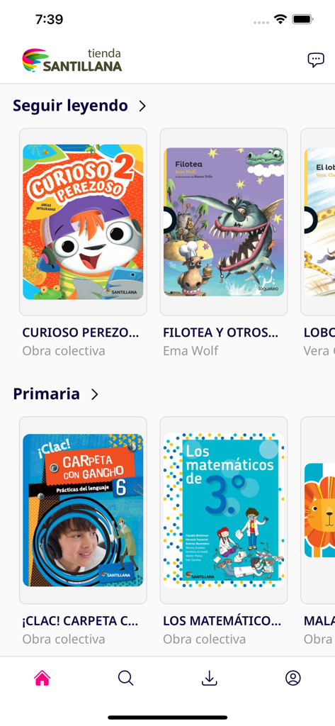 Tienda Santillana - Digital library interface of Tienda Santillana showing categories for continue reading and primary school books