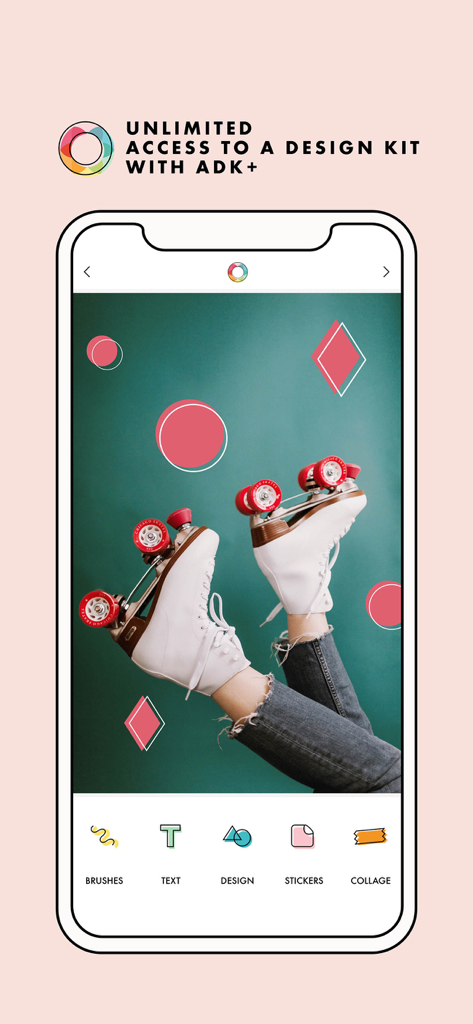 A Design Kit: Collage Maker - A Design Kit app interface showing a roller skate collage with graphic design tools