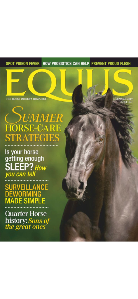 EQUUS Magazine cover featuring summer horse care strategies and a portrait of a black horse